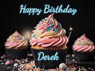 Happy Birthday Derek GIF: A delicious cupcake gif with animated sparkles reading Happy Birthday with a name to customize