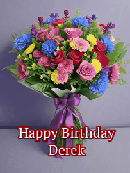 Happy Birthday Derek GIF: A beautiful animated birthday gif with a bouquet of flowers and animated hearts reading Happy Birthday Customize