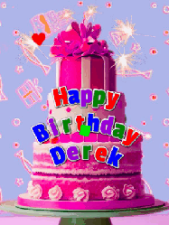 Happy Birthday Derek GIF: A big beautiful birthday cake gif with falling confetti, sparklers, and balloons, reads Happy Birthday Name. Customize it.