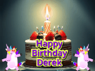 Happy Birthday Derek GIF: An animated gif with 2 unicorns and a birthday candle on a cake.