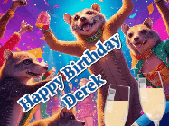 Happy Birthday Derek GIF: Happy Birthday GIF depicting a mongoose party with animated fireworks, sparkles and champagne. Reads Happy Birthday Name. Customize it.