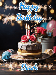 Happy Birthday Derek GIF: Sparkles and glitter happy birthday gif with a cake and flickering candles and sparklers behind the words happy birthday customize