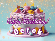 Happy Birthday Derek GIF: A beautiful birthday cake gif with animated sparkles and glitter Happy Birthday Name you can customize