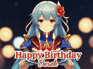 Happy Birthday Derek GIF: Anime girl holding a birthday cake and an animated sword falls into it. Text reads Happy Birthday Customize