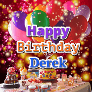 Happy Birthday Derek GIF: Animated happy birthday gif on a bright red glittery background and 3 lines of text reading Happy Birthday Customize