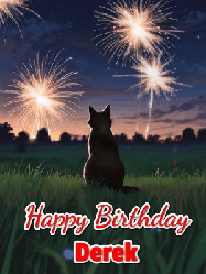 Happy Birthday Derek GIF: An animated gif at night showing the backside of a sitting cat who watches sparkle and fireworks over a meadow. Customize name and happy birthday.