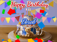 Happy Birthday Derek GIF: Happy Birthday Cake GIF with a cat, lamb, and squirrel on the cake with flickering candles, a sparkler, and falling confetti. Reads Happy Birthday Name and you can customize the name