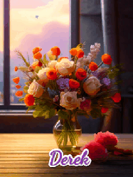 Happy Birthday Derek GIF: A vase of flowers and animated hearts pop in and out as the words Happy Birthday Name appears that you can customize