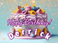 Happy Birthday Derrick GIF: A beautiful birthday cake gif with animated sparkles and glitter Happy Birthday Name you can customize