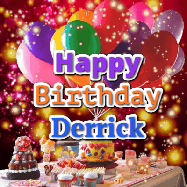 Happy Birthday Derrick GIF: Animated happy birthday gif on a bright red glittery background and 3 lines of text reading Happy Birthday Customize