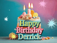 Happy Birthday Derrick GIF: A colorful animated Happy Birthday Cake GIF with swirling sparkles and flickering candles. It reads Happy Birthday Name