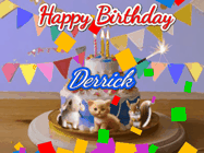 Happy Birthday Derrick GIF: Happy Birthday Cake GIF with a cat, lamb, and squirrel on the cake with flickering candles, a sparkler, and falling confetti. Reads Happy Birthday Name and you can customize the name