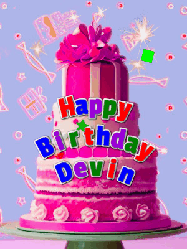 Happy Birthday Devin GIF: A big beautiful birthday cake gif with falling confetti, sparklers, and balloons, reads Happy Birthday Name. Customize it.
