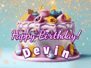 Happy Birthday Devin GIF: A beautiful birthday cake gif with animated sparkles and glitter Happy Birthday Name you can customize