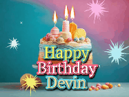 Happy Birthday Devin GIF: A colorful animated Happy Birthday Cake GIF with swirling sparkles and flickering candles. It reads Happy Birthday Name