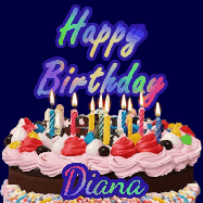 Happy Birthday Diana GIF: A dark blue birthday gif with a beautiful cake with flickering candles, background sparkles and a name to customize.