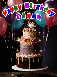 Happy Birthday Diana GIF: Beautiful birthday cake animated gif, a celebration of balloons, confetti, and sparklers. Customize banner and name.