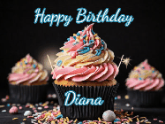 Happy Birthday Diana GIF: A delicious cupcake gif with animated sparkles reading Happy Birthday with a name to customize