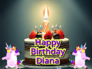 Happy Birthday Diana GIF: An animated gif with 2 unicorns and a birthday candle on a cake.