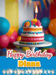 Happy Birthday Diana GIF: A birthday card gif with a cake and candle and a blue ribbon with animated sparklers. Reads Happy Birthday Name