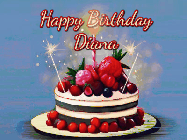 Happy Birthday Diana GIF: Animated GIF of a birthday cake covered in berries with 2 sparklers and a candle, reads Happy Birthday Name. Customize it.