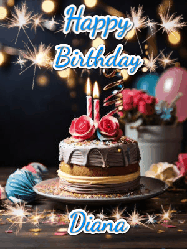 Happy Birthday Diana GIF: Sparkles and glitter happy birthday gif with a cake and flickering candles and sparklers behind the words happy birthday customize