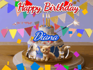 Happy Birthday Diana GIF: Happy Birthday Cake GIF with a cat, lamb, and squirrel on the cake with flickering candles, a sparkler, and falling confetti. Reads Happy Birthday Name and you can customize the name