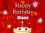 Happy Birthday Diane GIF: A bright red happy birthday gif animated with a cake candle, and glitter and sparkles. Customize with name.