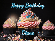 Happy Birthday Diane GIF: A delicious cupcake gif with animated sparkles reading Happy Birthday with a name to customize