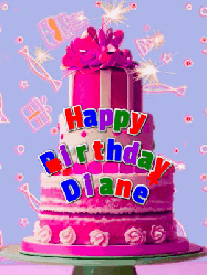 Happy Birthday Diane GIF: A big beautiful birthday cake gif with falling confetti, sparklers, and balloons, reads Happy Birthday Name. Customize it.