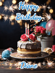 Happy Birthday Diane GIF: Sparkles and glitter happy birthday gif with a cake and flickering candles and sparklers behind the words happy birthday customize