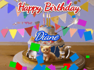 Happy Birthday Diane GIF: Happy Birthday Cake GIF with a cat, lamb, and squirrel on the cake with flickering candles, a sparkler, and falling confetti. Reads Happy Birthday Name and you can customize the name
