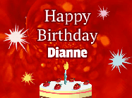 Happy Birthday Dianne GIF: A bright red happy birthday gif animated with a cake candle, and glitter and sparkles. Customize with name.