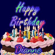 Happy Birthday Dianne GIF: A dark blue birthday gif with a beautiful cake with flickering candles, background sparkles and a name to customize.