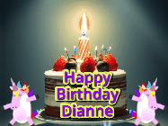 Happy Birthday Dianne GIF: An animated gif with 2 unicorns and a birthday candle on a cake.