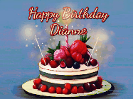 Happy Birthday Dianne GIF: Animated GIF of a birthday cake covered in berries with 2 sparklers and a candle, reads Happy Birthday Name. Customize it.