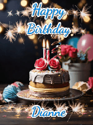 Happy Birthday Dianne GIF: Sparkles and glitter happy birthday gif with a cake and flickering candles and sparklers behind the words happy birthday customize