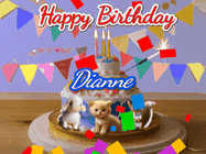 Happy Birthday Dianne GIF: Happy Birthday Cake GIF with a cat, lamb, and squirrel on the cake with flickering candles, a sparkler, and falling confetti. Reads Happy Birthday Name and you can customize the name