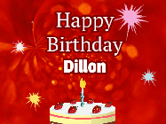 Happy Birthday Dillon GIF: A bright red happy birthday gif animated with a cake candle, and glitter and sparkles. Customize with name.
