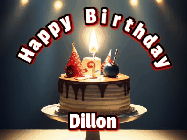 Happy Birthday Dillon GIF: Animated happy birthday gif with a cake and flickering candles with colorful falling confetti and text reading Happy Birthday