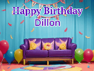 Happy Birthday Dillon GIF: Animated gif happy birthday with 3 rings of fireworks in front of a party room sofa. Customize it.