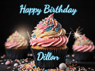 Happy Birthday Dillon GIF: A delicious cupcake gif with animated sparkles reading Happy Birthday with a name to customize