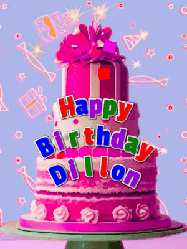 Happy Birthday Dillon GIF: A big beautiful birthday cake gif with falling confetti, sparklers, and balloons, reads Happy Birthday Name. Customize it.