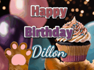 Happy Birthday Dillon GIF: Cute Kitten Birthday Cupcake GIF with a cupcake raised by a cats head, then it pulls down text reading Happy Birthday Name