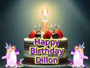 Happy Birthday Dillon GIF: An animated gif with 2 unicorns and a birthday candle on a cake.