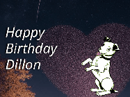 Happy Birthday Dillon GIF: Happy Birthday GIF at night with a cute drawn dog, floating balloons, and a shooting star in front of a heart shaped star formation.