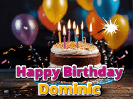 Happy Birthday Dominic GIF: A birthday cake with flickering candles gif with text reading Happy Birthday and a Name slot to customize