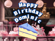 Happy Birthday Dominic GIF: A cake shop background with a slice of cake and animated candle reading Happy Birthday Customize.