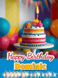 Happy Birthday Dominic GIF: A birthday card gif with a cake and candle and a blue ribbon with animated sparklers. Reads Happy Birthday Name