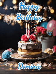 Happy Birthday Dominic GIF: Sparkles and glitter happy birthday gif with a cake and flickering candles and sparklers behind the words happy birthday customize